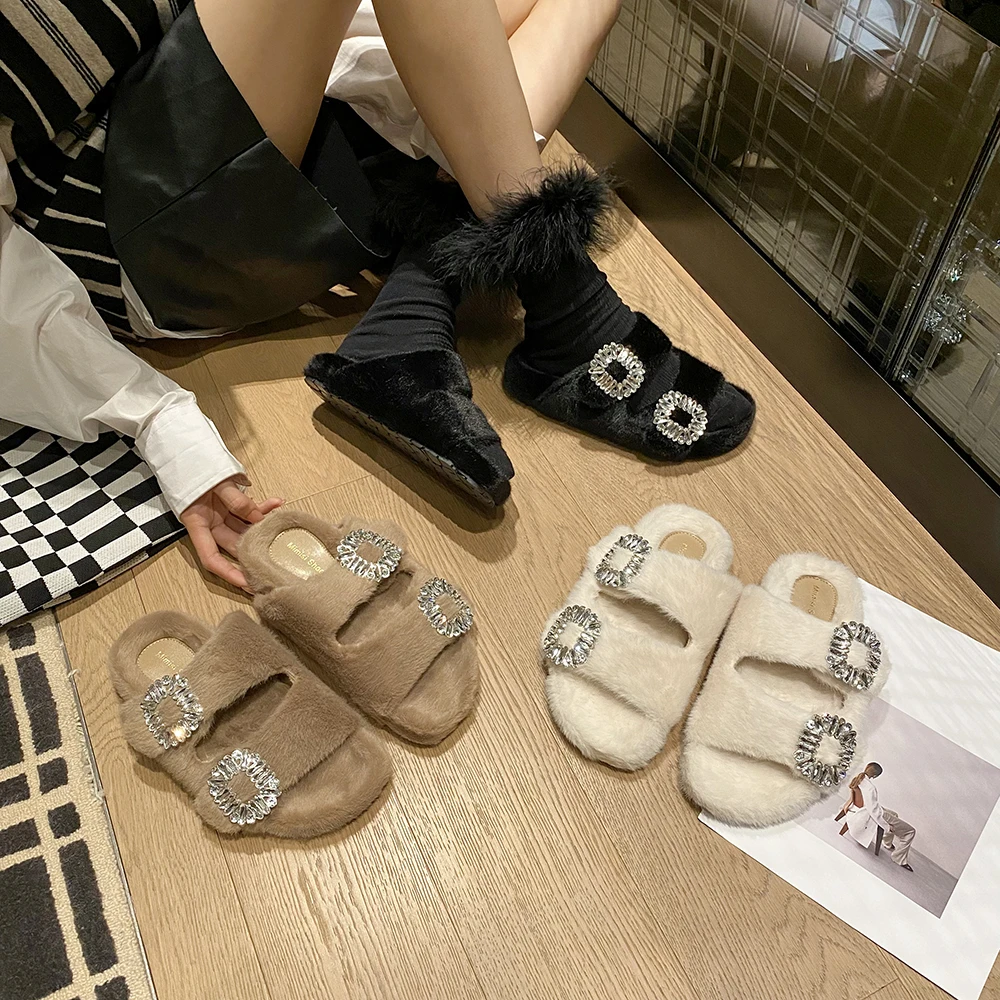 Round Toe Women Slides Slippers Open Toe Fur Summer Dress Shoes Flat Low Heels Black Beige White Slip On Casual Party Pumps 39