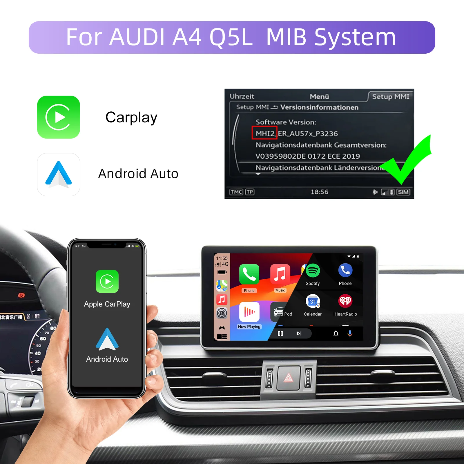 Ezonetronics Wireless CarPlay Android Auto Adapter For Audi A3 A4 A5 Q5L Q7 2014-2022 Mirror Link AirPlay Bluetooth GPS