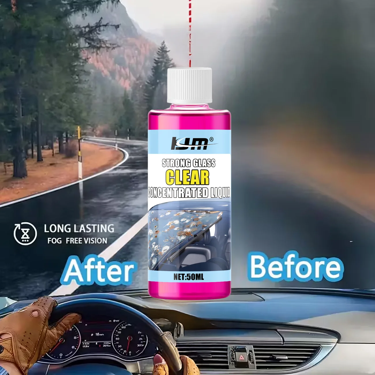 KJM Concentrated Car Glass Cleaner, Gentle Non-Corrosive Windshield Washer Fluid Additive, Streak-Free Formula for All Vehicles