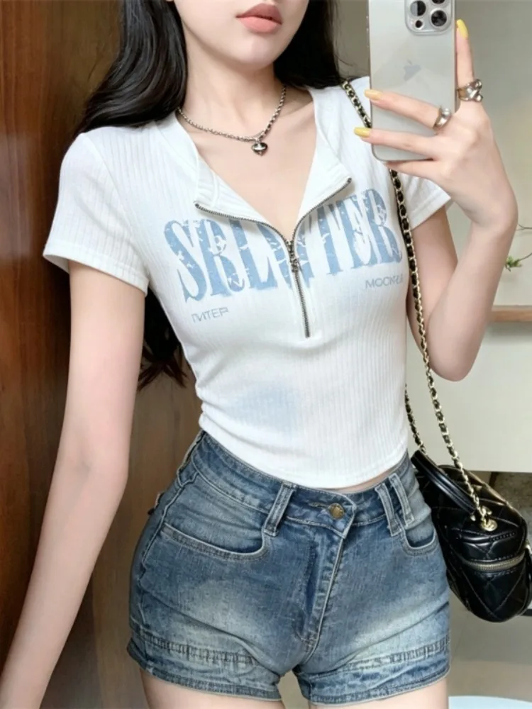 

Korean Style Zipper Collar Short Sleeve T-Shirt Women's Slim Fit Summer Thin Letter Print Versatile Top Skin-friendly Breathable
