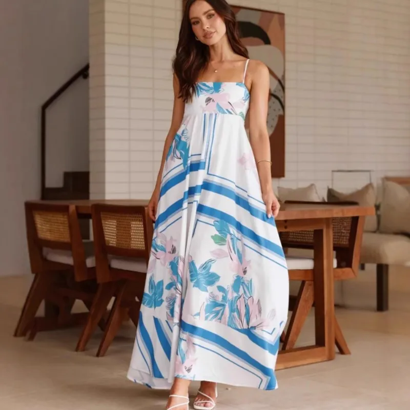 เซ็กซี่Backlessพิมพ์ลายดอกไม้Sundress 2025 ฤดูร้อนใหม่สปาเก็ตตี้Strape HighเอวA-Line Bohoชุดยาวผู้หญิงวันหยุดชุด