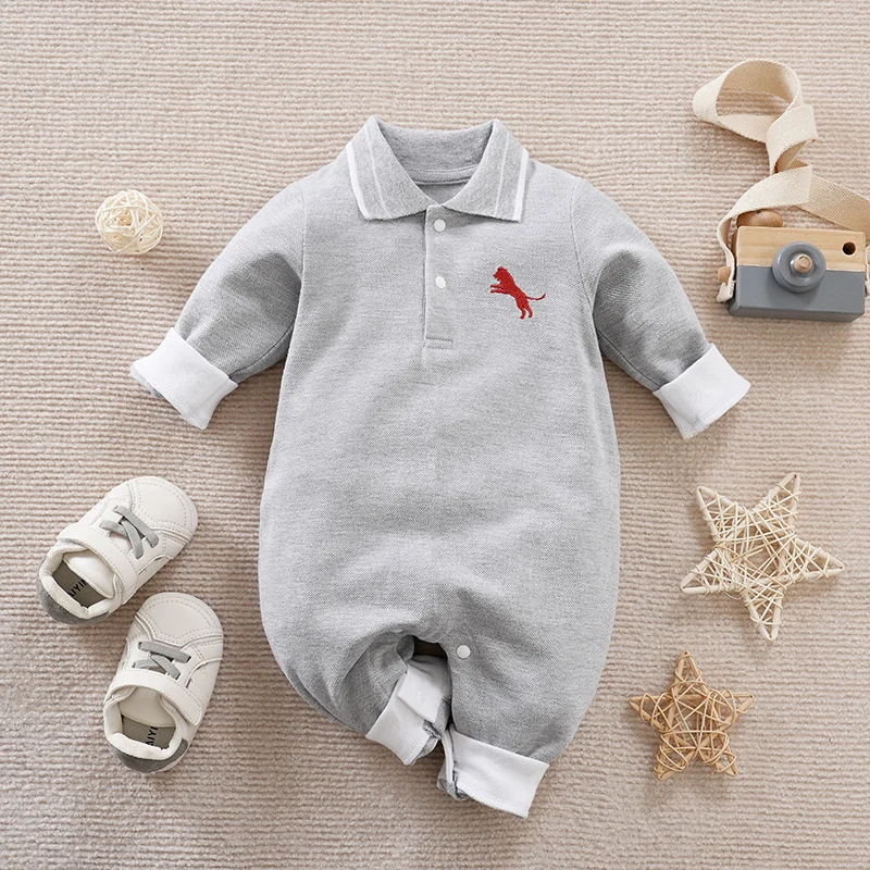 Newborn Clothing Casual Polo Shirt Lion Embroidered Cotton Comfortable And Soft Spring And Autumn Long Sleeved 0-18mBabyJumpsuit