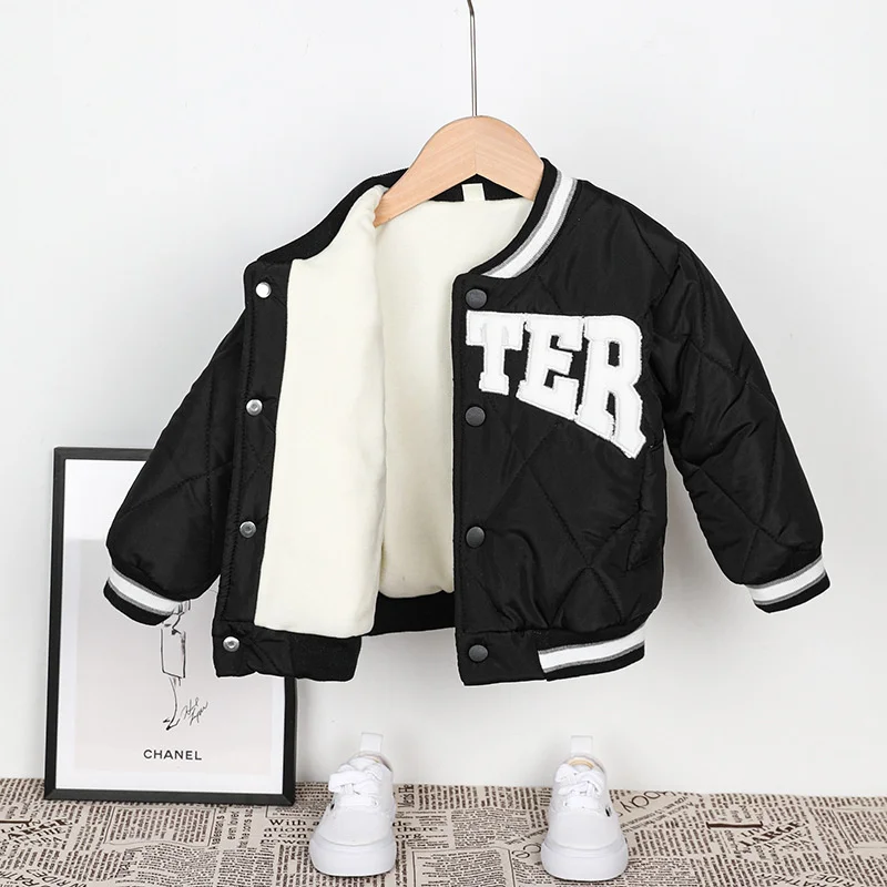 2023 New Kids Fleece Baseball Jackets Autumn Winter Warm Outerwear Fashion Letter Pattern Coats Children Clothes 1-5 Years