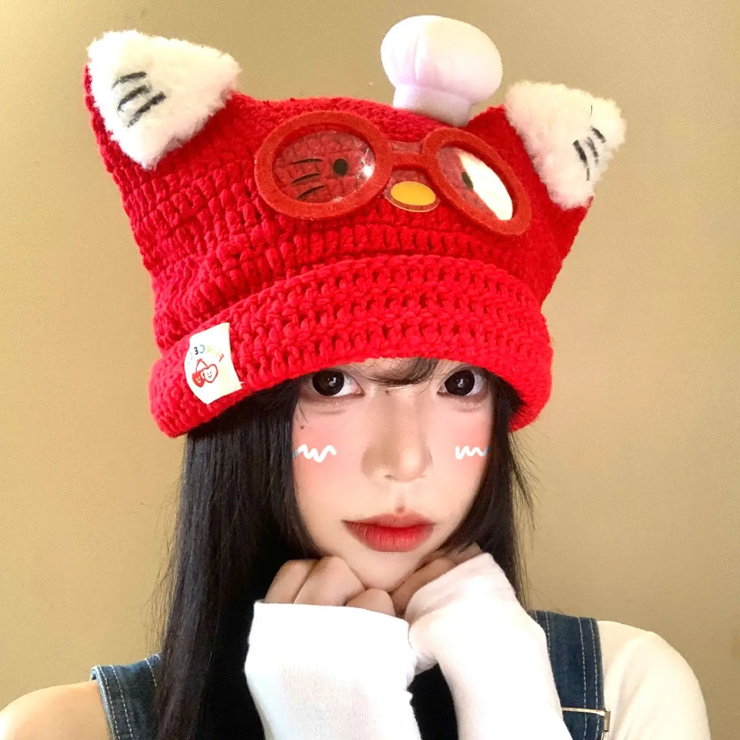 

Sanrio Hello Kitty Girl hat winter cartoon keep warm By age kawalii Plus velvet sweet Plush hat Korean version bowknot gift Y2K