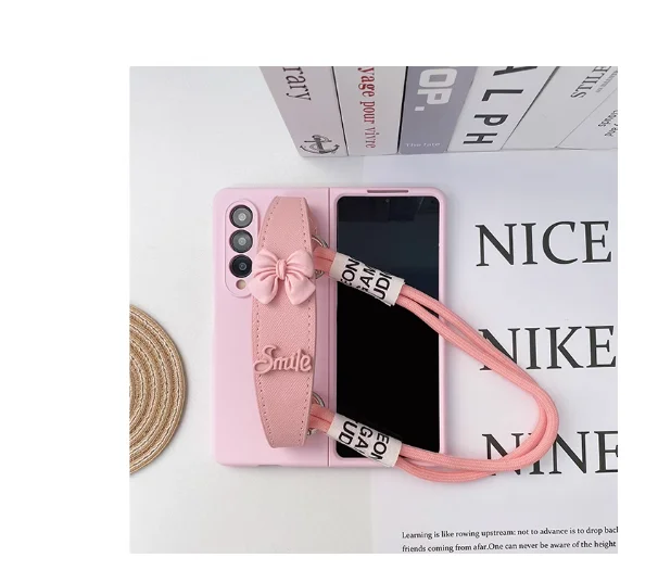 Korea Cute Pink Girl Wrist Strap Pendant Long Rope PC Phone Case For Samsung Galaxy Z Fold 5 4 3 2 1 Case Z Fold5 Z Fold4 Z Fold