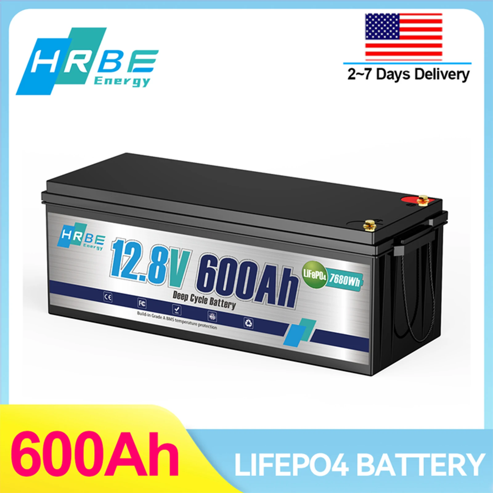 

Литиевая батарея HRBREnergy 12 В 600 Ач LiFePO4 с 200 А BMS 7680 Втч, глубоким циклом 8000+ для автодома, кемпинга, выключения сетки, домашнего хранения энергии