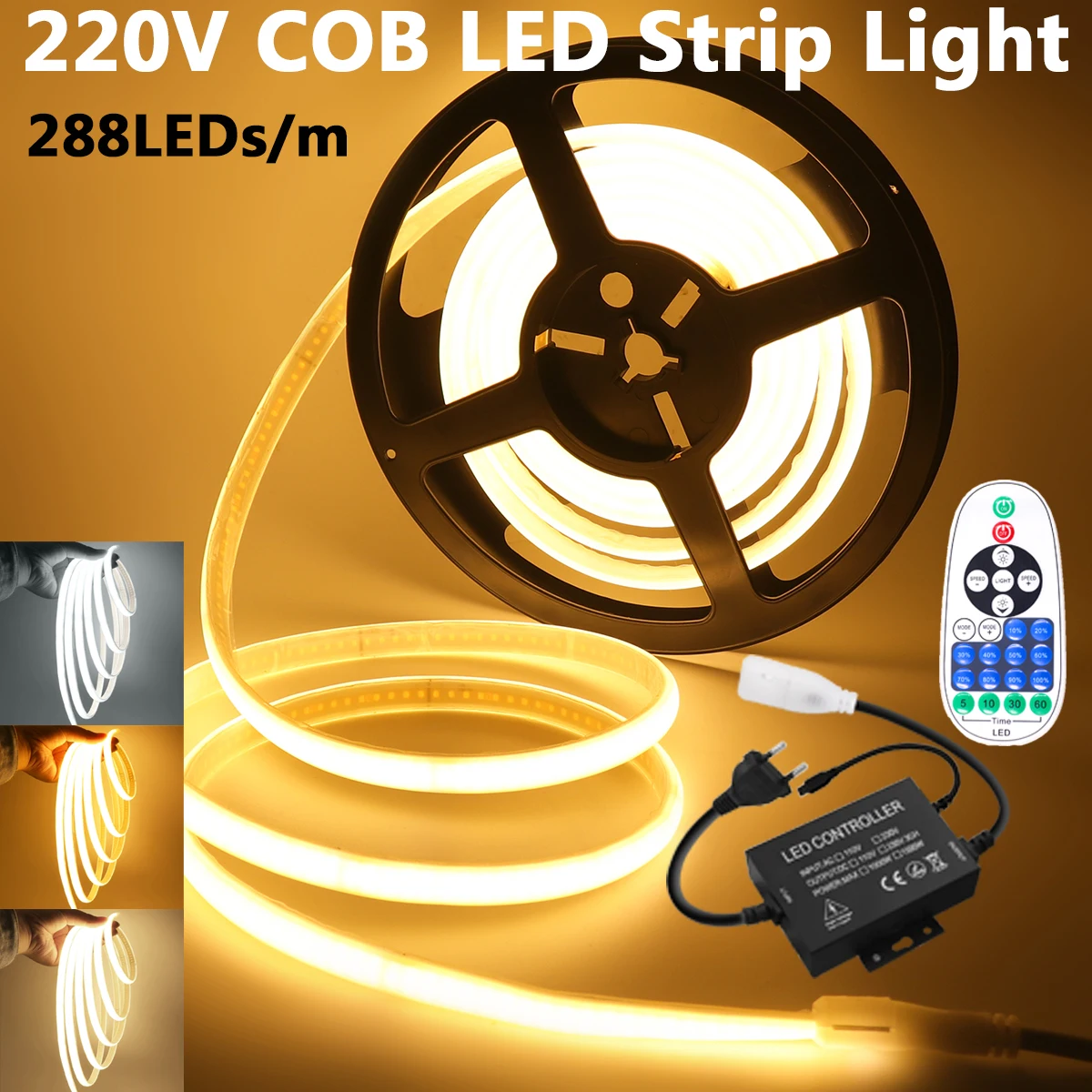 Dimmable 220V COB LED Strip Light 23key Remote 1500W Controller With EU UK AU Plug 288LED IP67 Waterproof Flexible Lamp 0.5m 27m