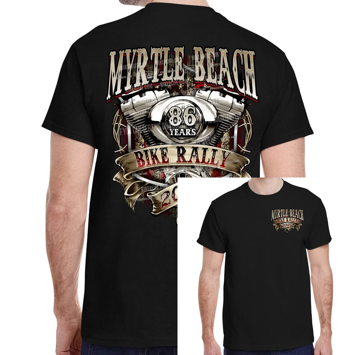 2025 Myrtle Beach Bike Rally Ribbon Engine T-Shirt High-end Luxury Unisex Style Both of Men and Women