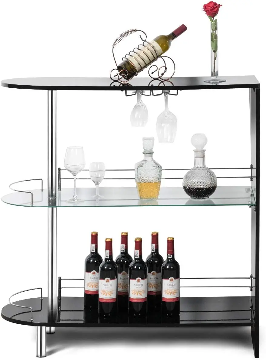 Bar Cabinets Table with 2-Holder, Modern Liquor Display Bar Cabinet with Tempered Glass Shelves