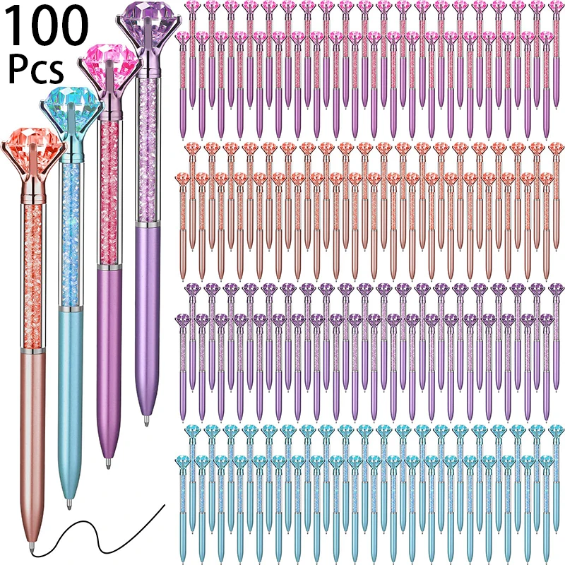 100Pcs Crystal Style Plastic Ballpoint pen Ball Pen With Big Crystal Diamond Pen