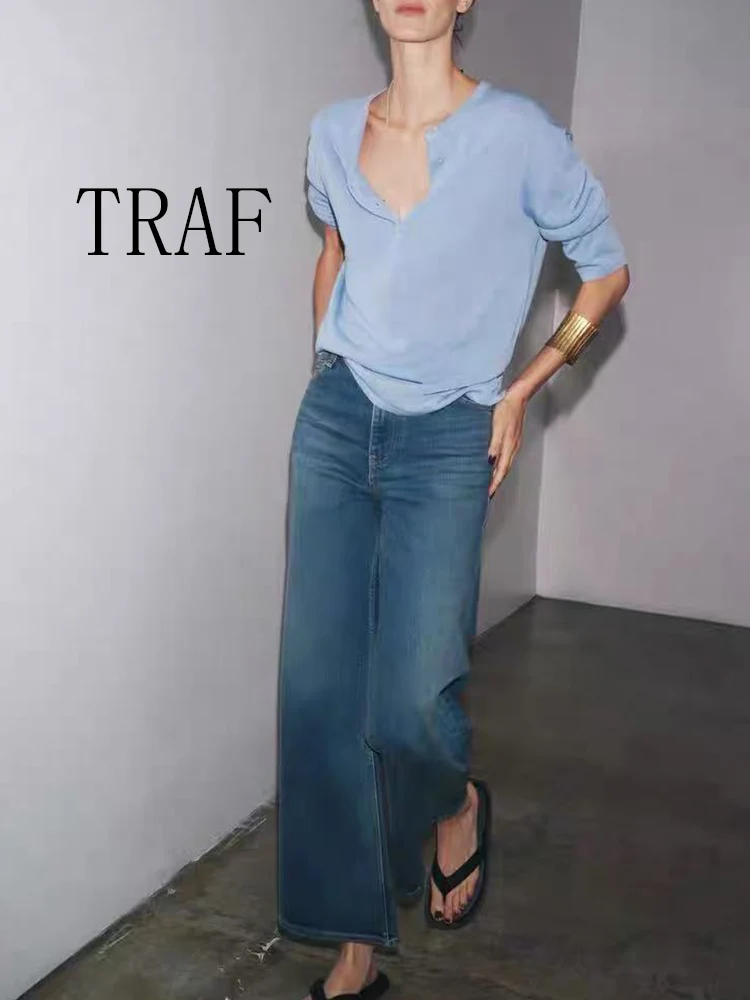 

TRAF European and American style summer new fashion women's casual temperament simple fashion loose plain knit sweater