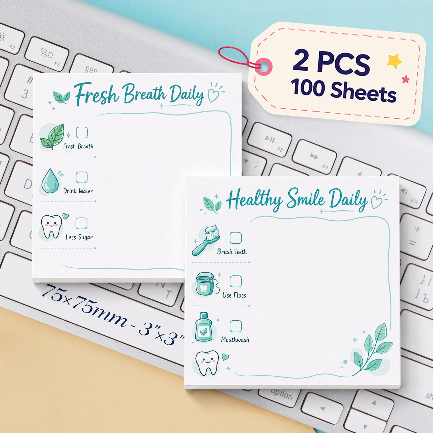 2PCS Healthy Smile Sticky Notes 100 Sheets Oral Care Daily Checklist Memo Pads Fresh Breath Reminder Self Adhesive Office Statio