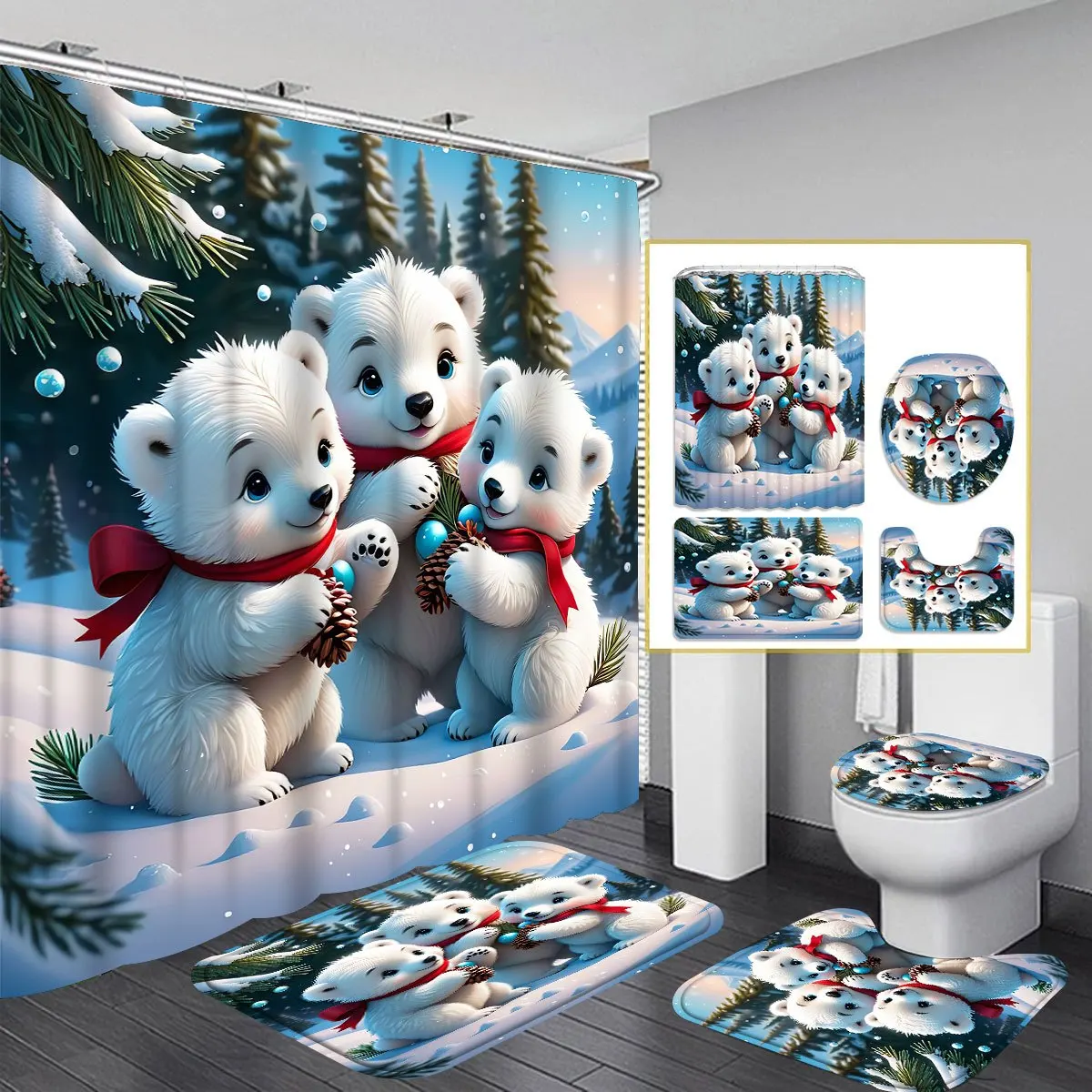 

4 шт., набор занавесок для душа с рождественским медведем, с крючком, нескользящая U-образная крышка на сиденье унитаза, аксессуары для ванной комнаты, рождественские украшения
