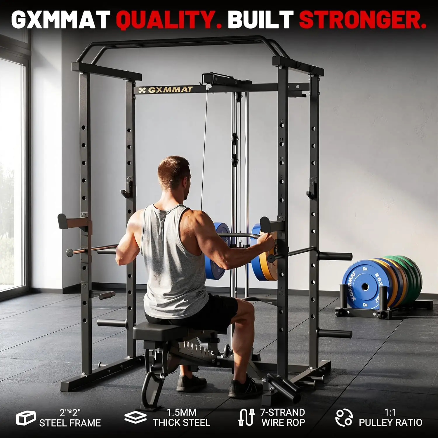 Multi-Function Power Cage with LAT Pulldown & Squat Rack, Heavy-Duty Steel Home Gym Strength Training with Pulley System, Custom