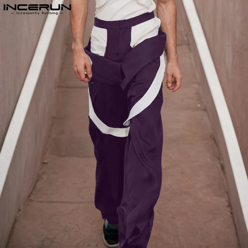 Incerun calças compridas masculinas soltas colorblock 2025 casual bonito oco para fora calças estilo americano masculino calças de perna larga bottoms