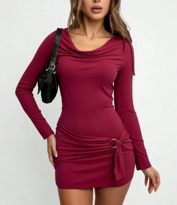 

Autumn and Winter Wine Red Pile Collar Long Sleeved Slim Fit Hip Hugging Dress