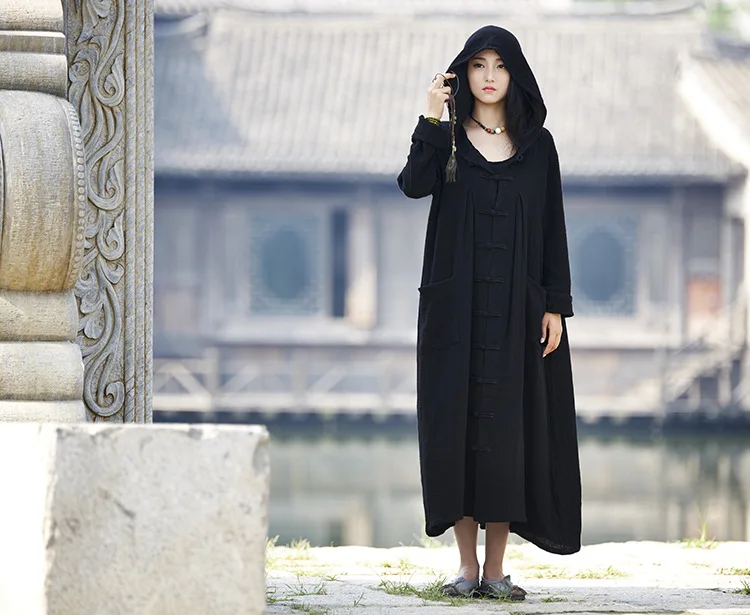 เสื้อโค้ทยาวผ้าฝ้ายลินินสไตล์เรโทรสำหรับผู้หญิง ใส่ได้ทุกฤดู หลากสี ทรงหลวม สวมใส่สบาย ติดกระดุม