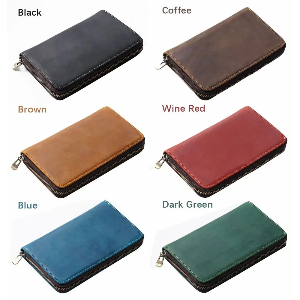 Portable Cowhide Leather Pencil Case Mesh Storage Space Zipper Pen Bag Elastic Pen Insertion Waterproof Pen Pouch Student Gift
