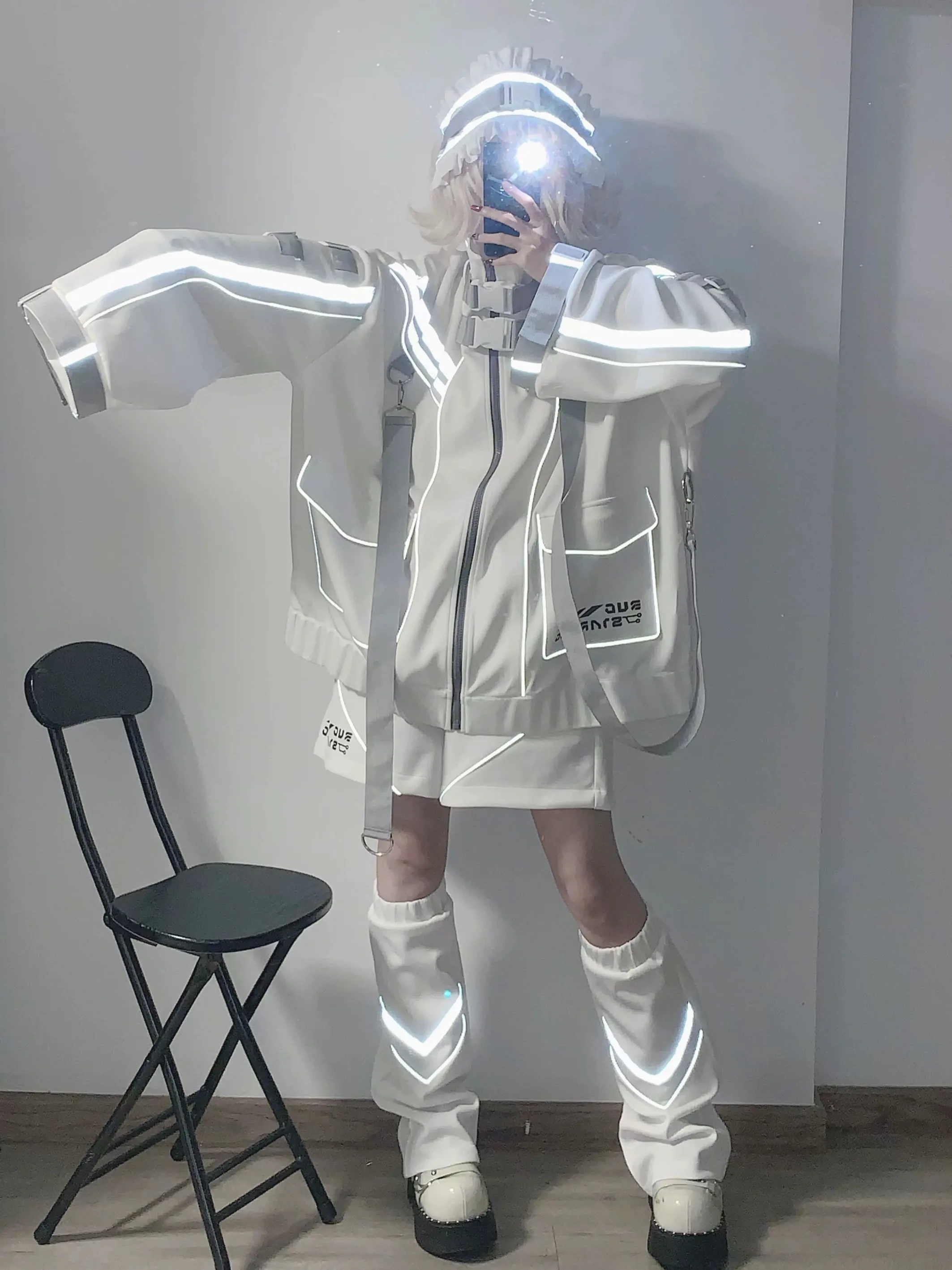 Y2K Subculture Cyberpunk Techwear Women's Oversized Hoodie Jacket Set Japanese Streetwear Reflective Zip-Up Sweatshirt Casual