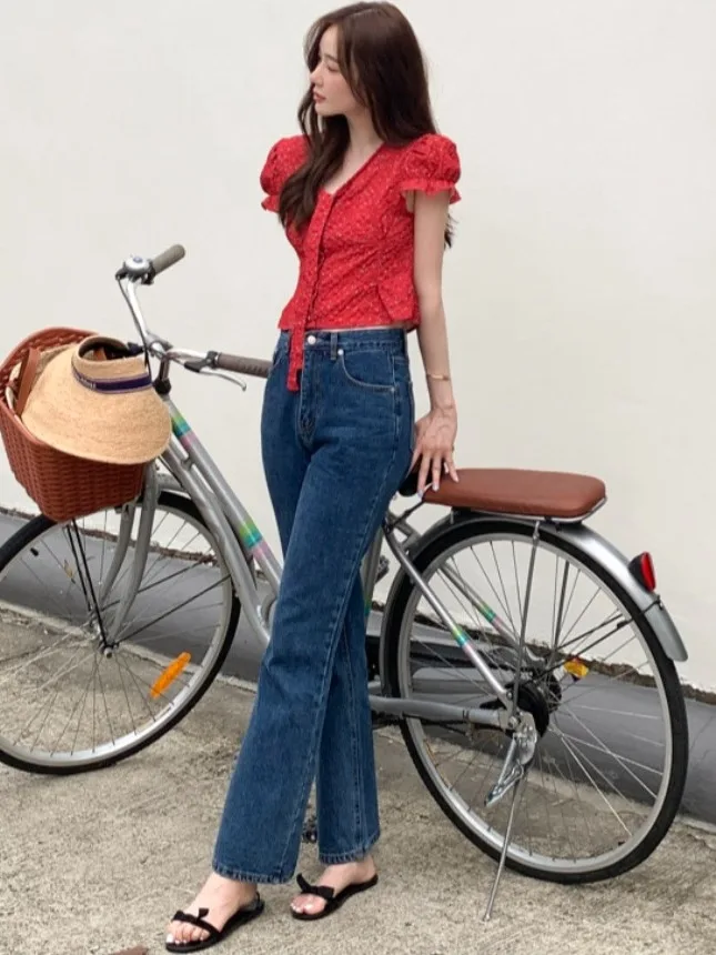 Blus Sifon Wanita V-Ne Bubble Sve Ort Irt Retro Chic Atasan Musim Panas Bersabuk Slim Fit Fre Sle Bubble Sve Irt