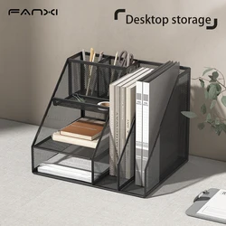 Desk Organizer with File Holder, Desk Organizers with 3 Tier Letter Trays and 2 Pen Holders, Mesh Desk Accessories & Workspace