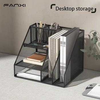 Desk Organizer with File Holder, Desk Organizers with 3 Tier Letter Trays and 2 Pen Holders, Mesh Desk Accessories & Workspace
