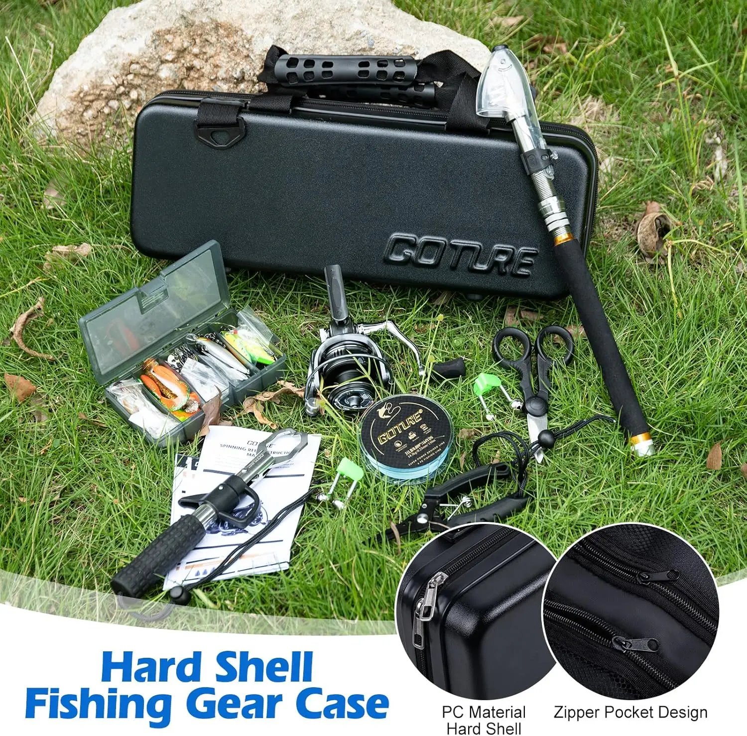 Telescopic Fishing Rod and Reel Combo Set with Hard Shell PC Suitcase - Spinning Reel, Lures Kit for Beginner Travel Saltwater F