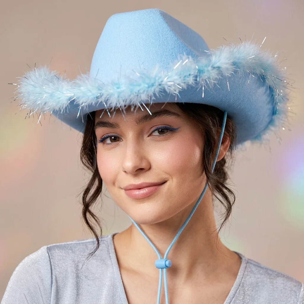 Classic Vintage Pink Feather Western Cowboy Hat for Women Solid Color Furry Trim Wide Brim Hat Female Cap Dating Party
