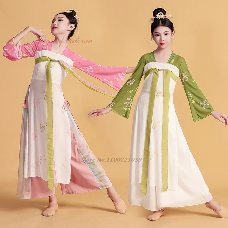 Vestido de baile chino para niños, traje tradicional para actuación en escenario, tops hanfu de malla con estampado de flores y pantalones, conjunto de vestido de hada para niña 2025