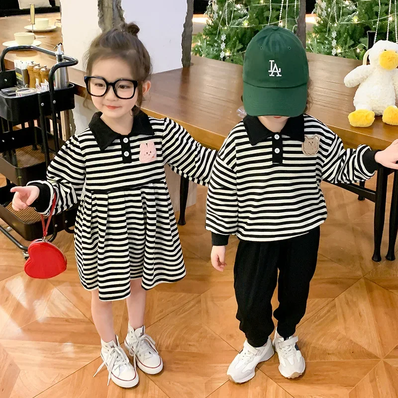 

2023 Autumn Sister and Brother Matching Outfits Baby Girl Long Sleeve Dress Boys Top Pants Two Piece Sets Korean Childen Clothes