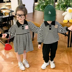 2023 Autumn Sister and Brother Matching Outfits Baby Girl Long Sleeve Dress Boys Top Pants Two Piece Sets Korean Childen Clothes