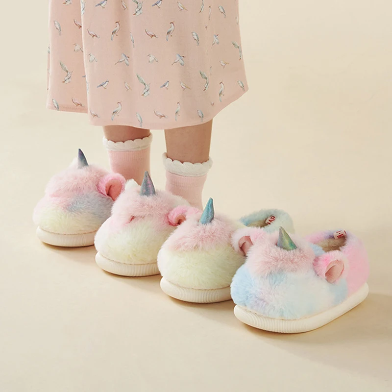 Baby Girls Child Winter Warm Home Slippers For Kids Children Slippers Indoor House Cute Unicorn Colorful Toddler Non-Slip Shoes