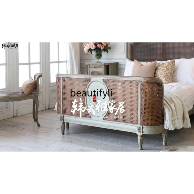 QQ132 Rattan Queen Bed American Style French Style Vintage Solid Wood Double Bed Antique Bed