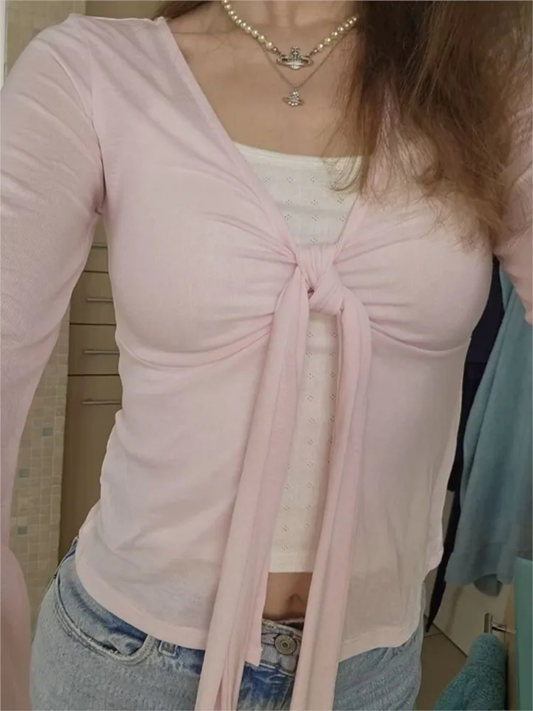 Tie-Strap Design Bowknot Long Sleeve T-Shirt Women's Spring Sexy Slim Fit Thin Smock Tees Casual Sweet Chic Tshirt Babydoll Top