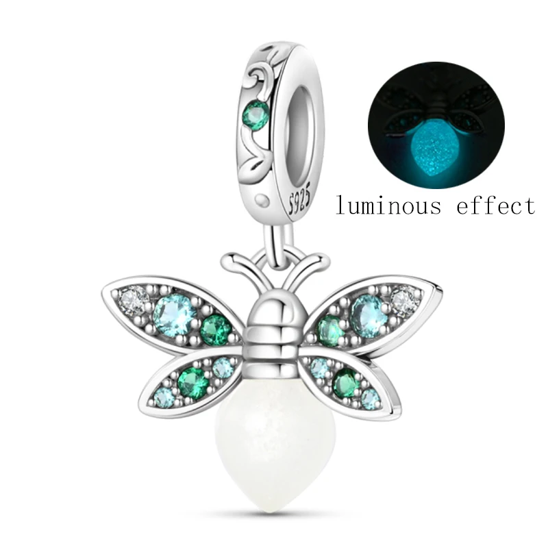 

Real 925 Silver Luminous Firefly Charms Beads Green Zircon Pendants Fit 3mm Original Bangle Bracelet DIY For Women Jewelry
