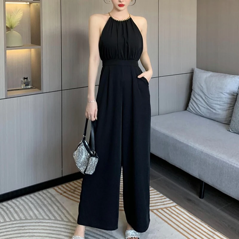 Elegant Sexy Black Jumpsuit Summer Chic Korean Sleeveless Halter Jumpsuits Office Lady Overalls For Women Combinaison Femme