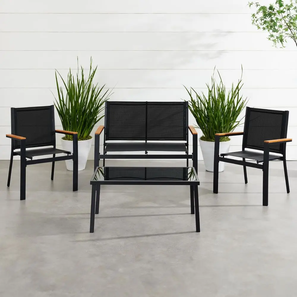 

4Piece Outdoor Textilene Patio Conversation Set, Backyard Furniture w Loveseat, Coffee Table, Steel Frame Black Black