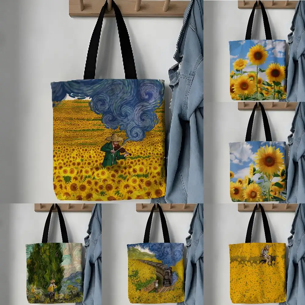 Storage Bags Aesthetic Canvas School Shoulder Bag Lightweight Grocery Shopping Bag Sunflowers in Classical Oil Painting Style