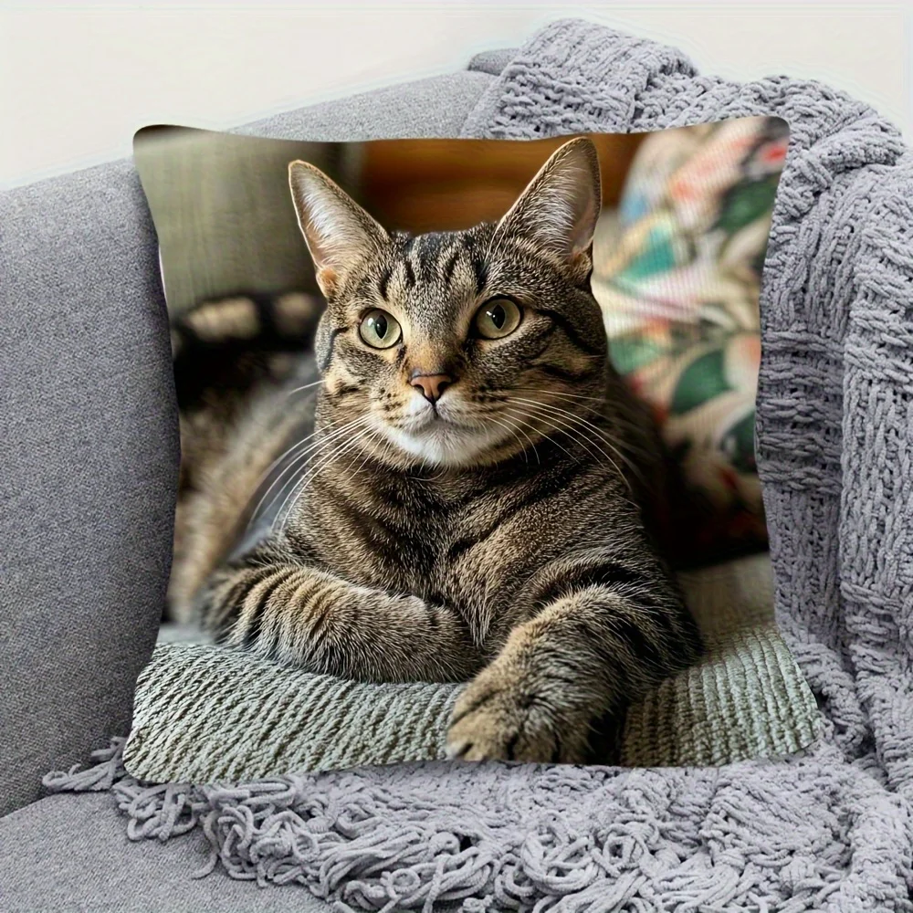 1pc Tabby Cat Portrait Pillow Cover Double-Sided  Machine Washable Home Office Decor No Filler