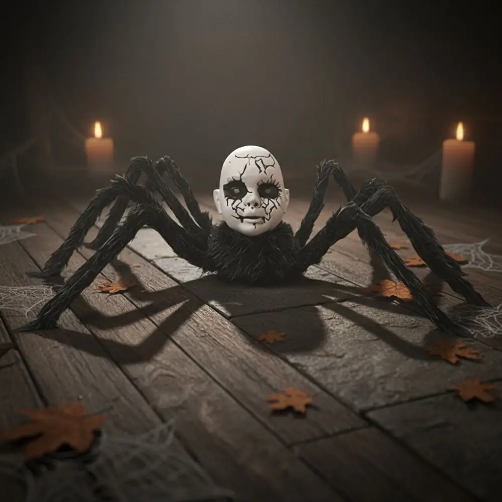 光る目玉のハロウィン電動歩行スパイダー、音声起動折りたたみ式怖い人形顔スパイダー、大型ぬいぐるみ脚付き