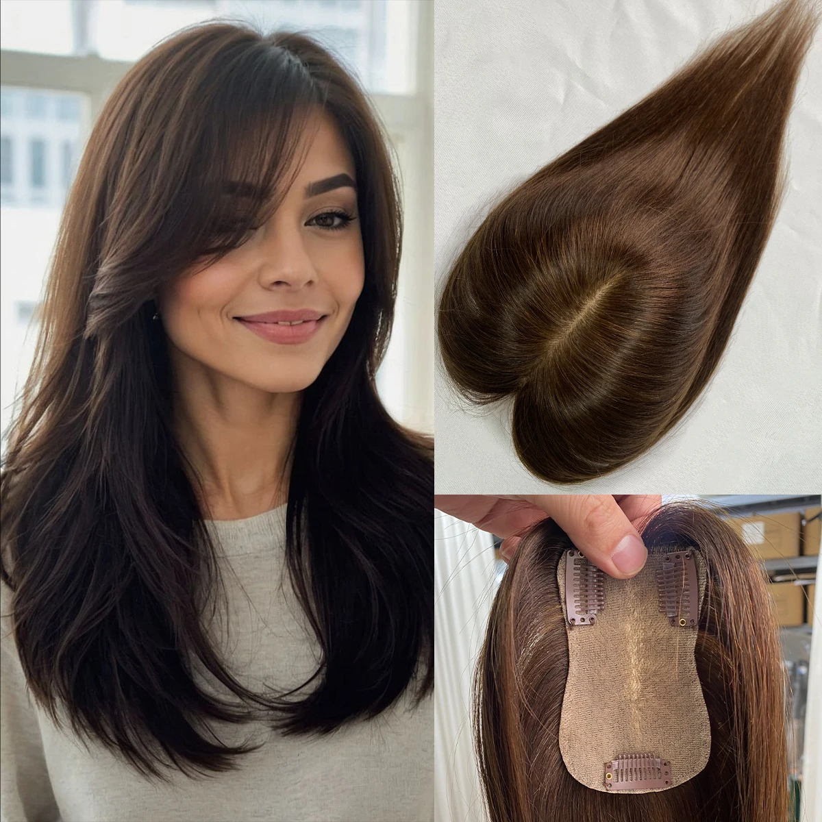 

Накладка из натуральных человеческих волос 7*11 см для женщин, 3D-шеврон с креплением на заколках, имитация кожи головы, для тонких волос, 25-30 см