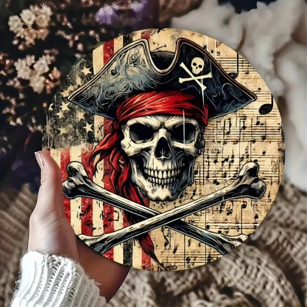 "'Pirate Skull" قطعة واحدة من لافتة القصدير المعدنية المستديرة - ديكور فني جداري للحانات والمطابخ