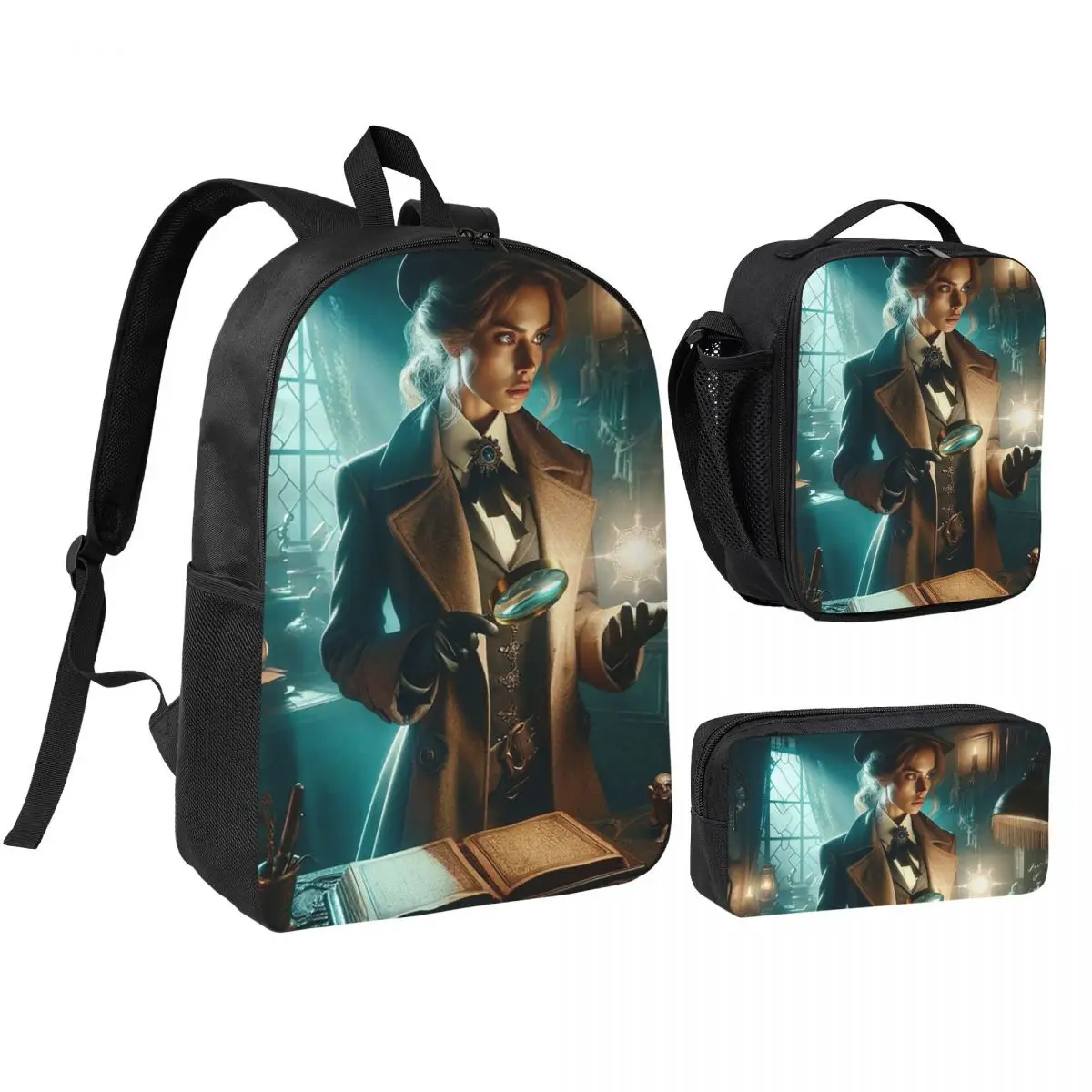 Vintage Detective Women'S Work Scene Backpack Student BookBag School Bag Shoulder Bags 3ps Insulated Lunch Bag Pencil Case