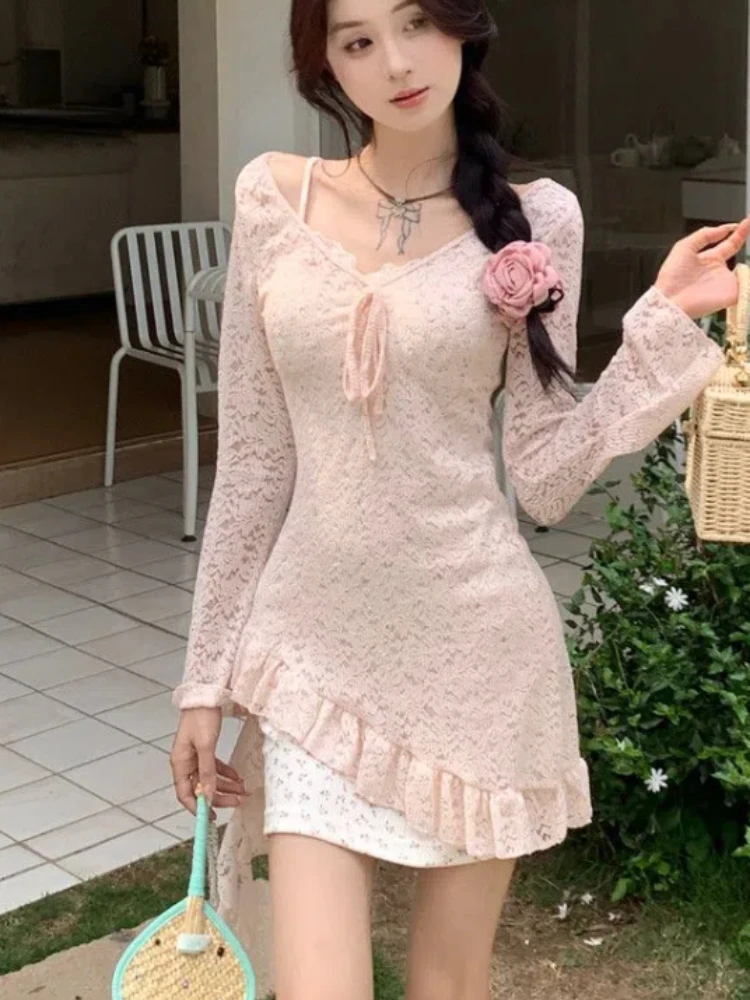 New Korean Vintage Mori Girl Mini Long Sleeve Dress Women Ballet Core Party Two Piece Sets Frocks Coquette Gyaru 2000s Cute