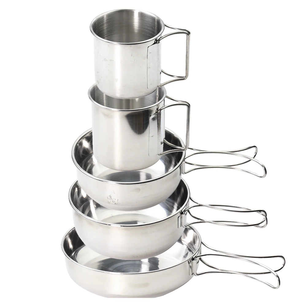 

5PCS Cookware 304 Stainless Steel Camping Set Portable Outdoor Picnic Tableware Mug Bowl Pot Pan Cup with Foldable Handle