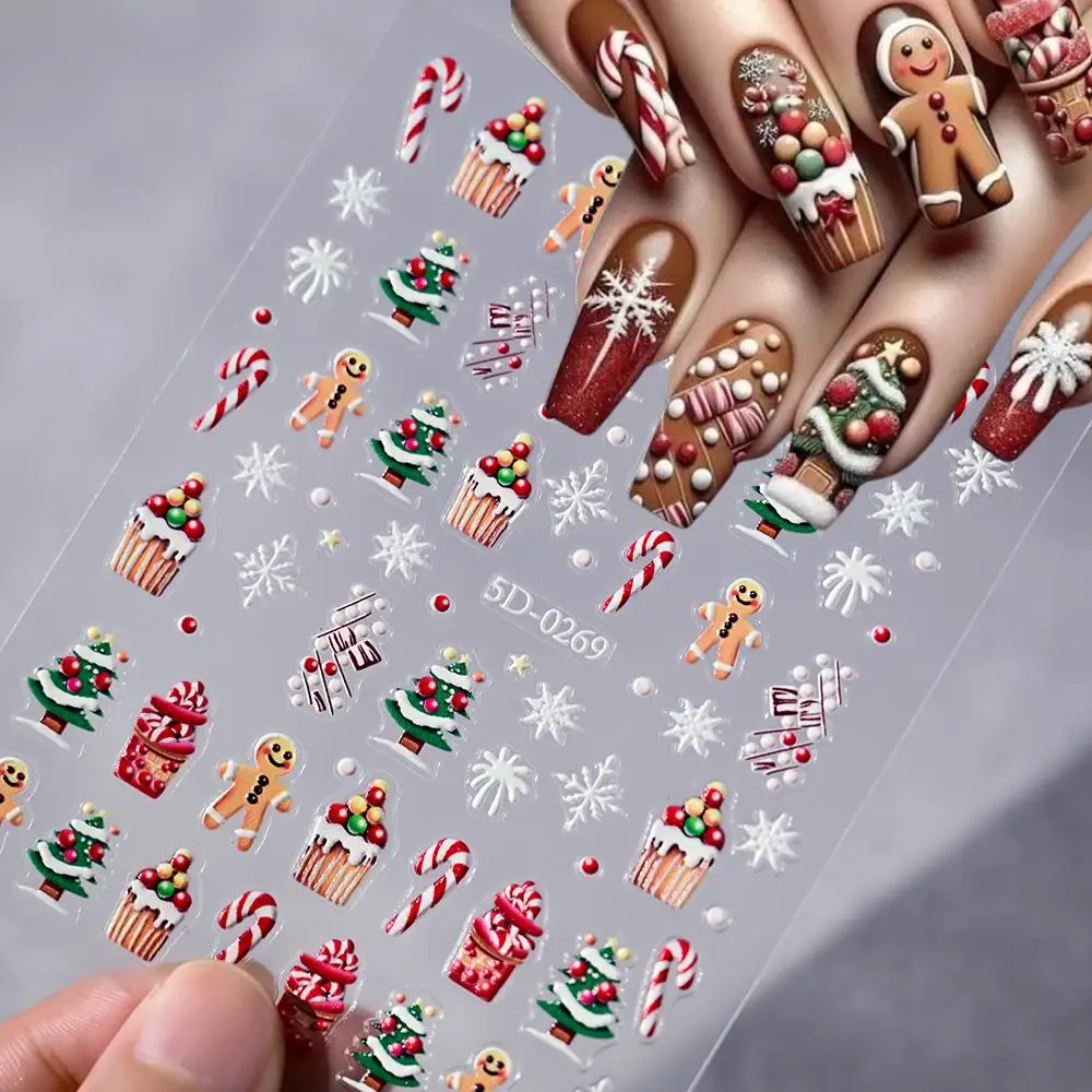1pc クリスマス 5D ジンジャーブレッドマンケーキ雪の結晶ネイルアートステッカーパインギフト自己粘着スライダー冬クリスマス DIY マニキュアデカール