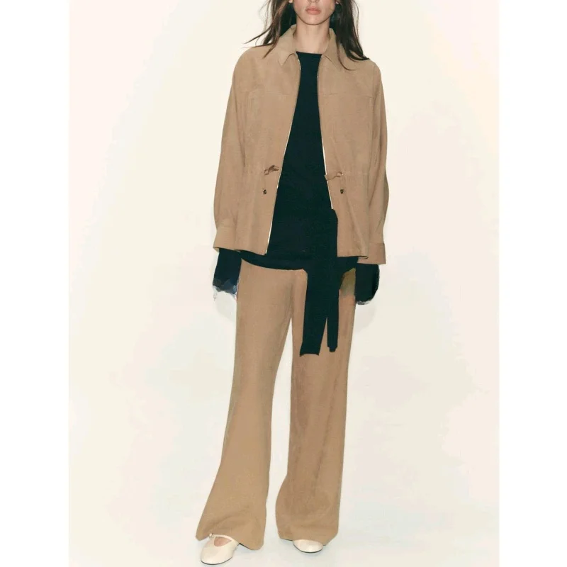 High Waist Wide Leg Casual Long Pants Coat ket Decorated Flip Collar Waist ket Women's Faion Set Autumn Season