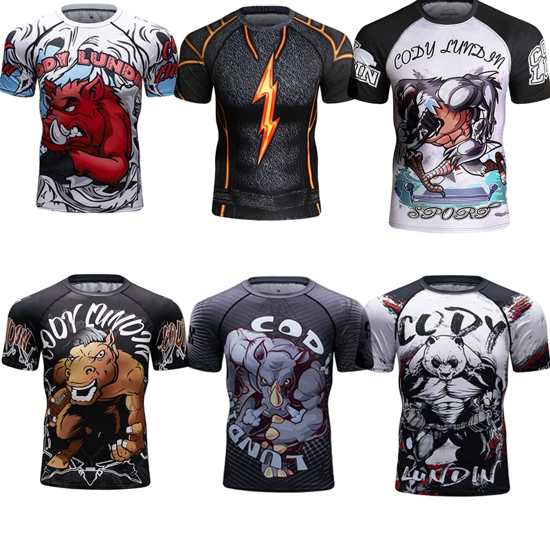 Męskie koszulki Rashguard MMA nowe koszulki Jiu Jitsu Rash Guard Bjj koszulki Kickboxing sportowe koszulki bokserskie kompresyjne rajstopy bojowe