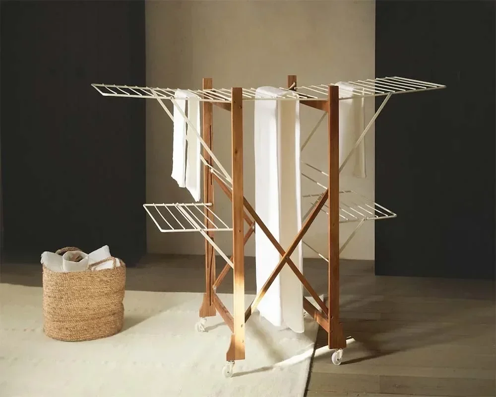 Folding Removable Wooden and Metal Drying Rack with Roller Sliding Towel Rack on Sale