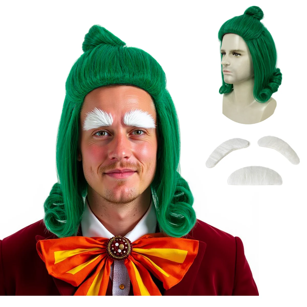 REEWES-peluca verde abatible hacia arriba, pelo sintético corto con cejas postizas, peluca de Cosplay WILLY Ompalupa para disfraz de Halloween, fiesta diaria